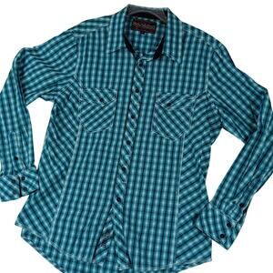 Rock & Roll Cowboy Western Shirt Mens Large Teal Check Western Rodeo Cowboy Snap